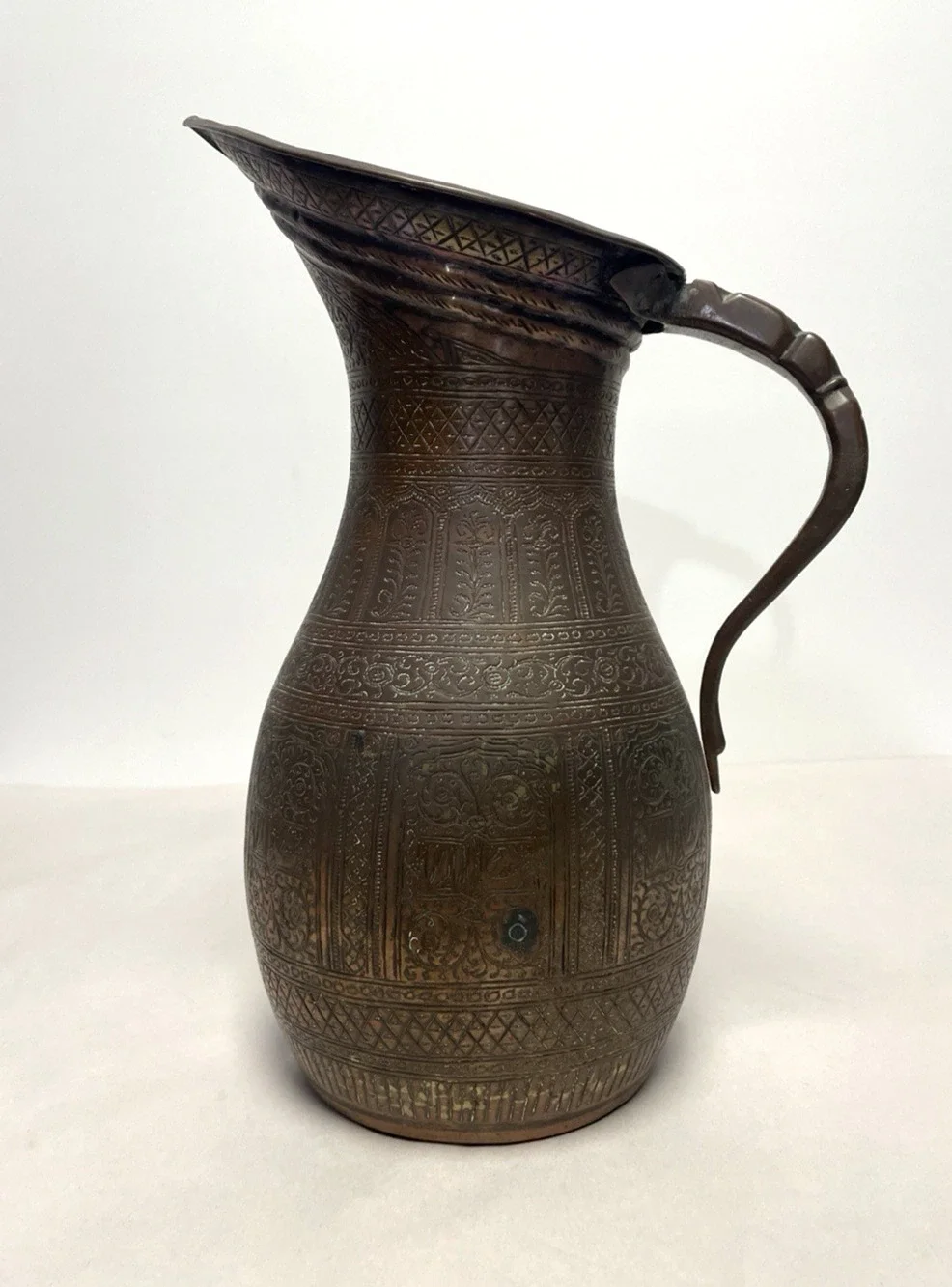 Antique Indo Persian Engraved Copper Ewer Pitcher Jug 12” Heavy 50oz